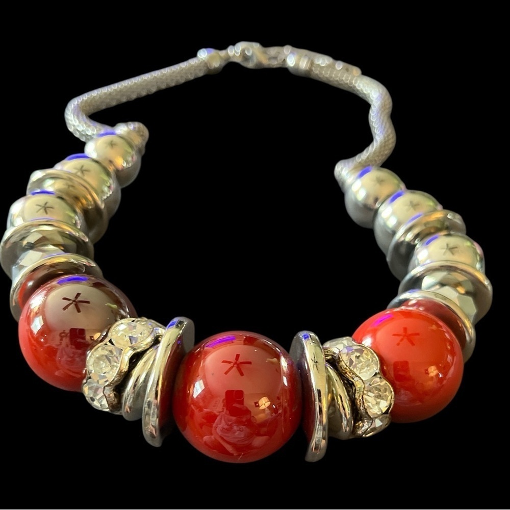 Costume Chunky Silver Tone and Red Beaded Necklace